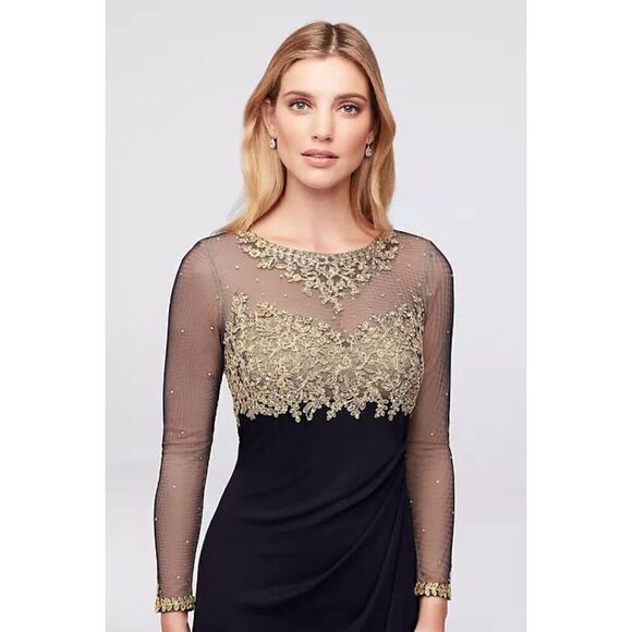 Xscape Noah Illusion Long Sleeve Lace Matte Jersey Gown Ruched Size 6 Navy Gold - Picture 2 of 16